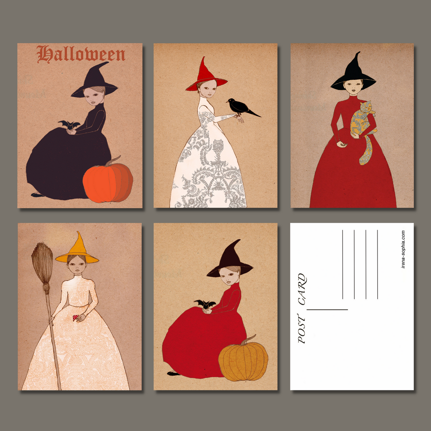 Witch Girls - Set of 5 Halloween Postcards